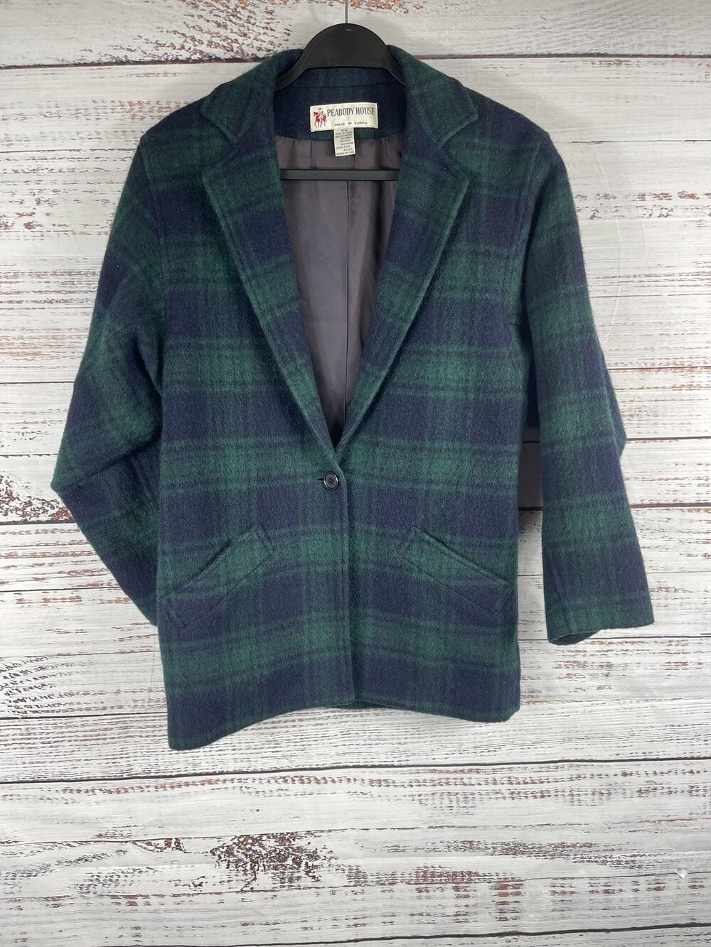 Vintage Peabody House Blazer Womens SZ 3/4 Green Blue Plaid Wool Blend Lined 90s